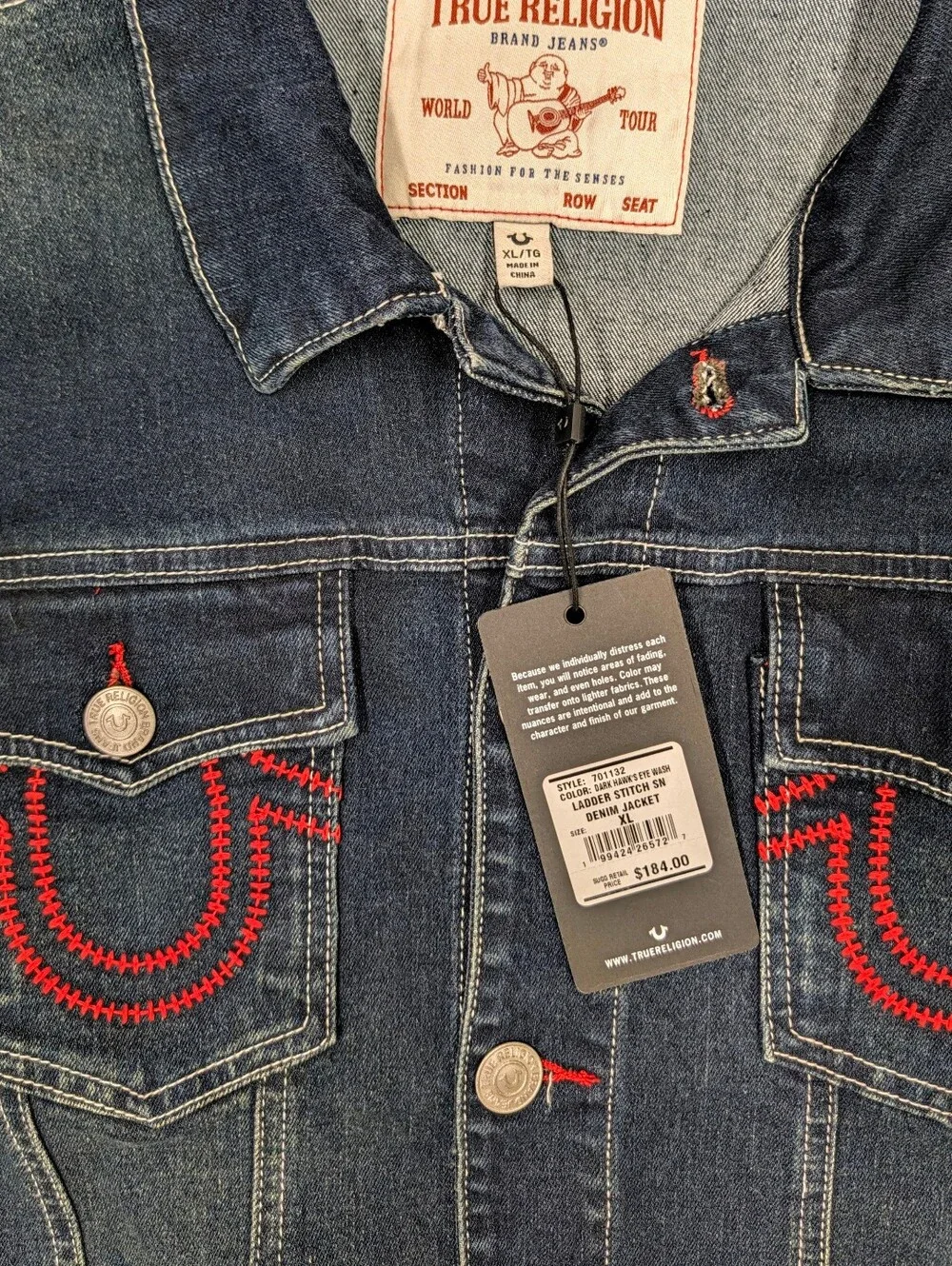 True Religion Men's XL NWT Ladder Stitch Denim Jacket Dark Hawk's Eye